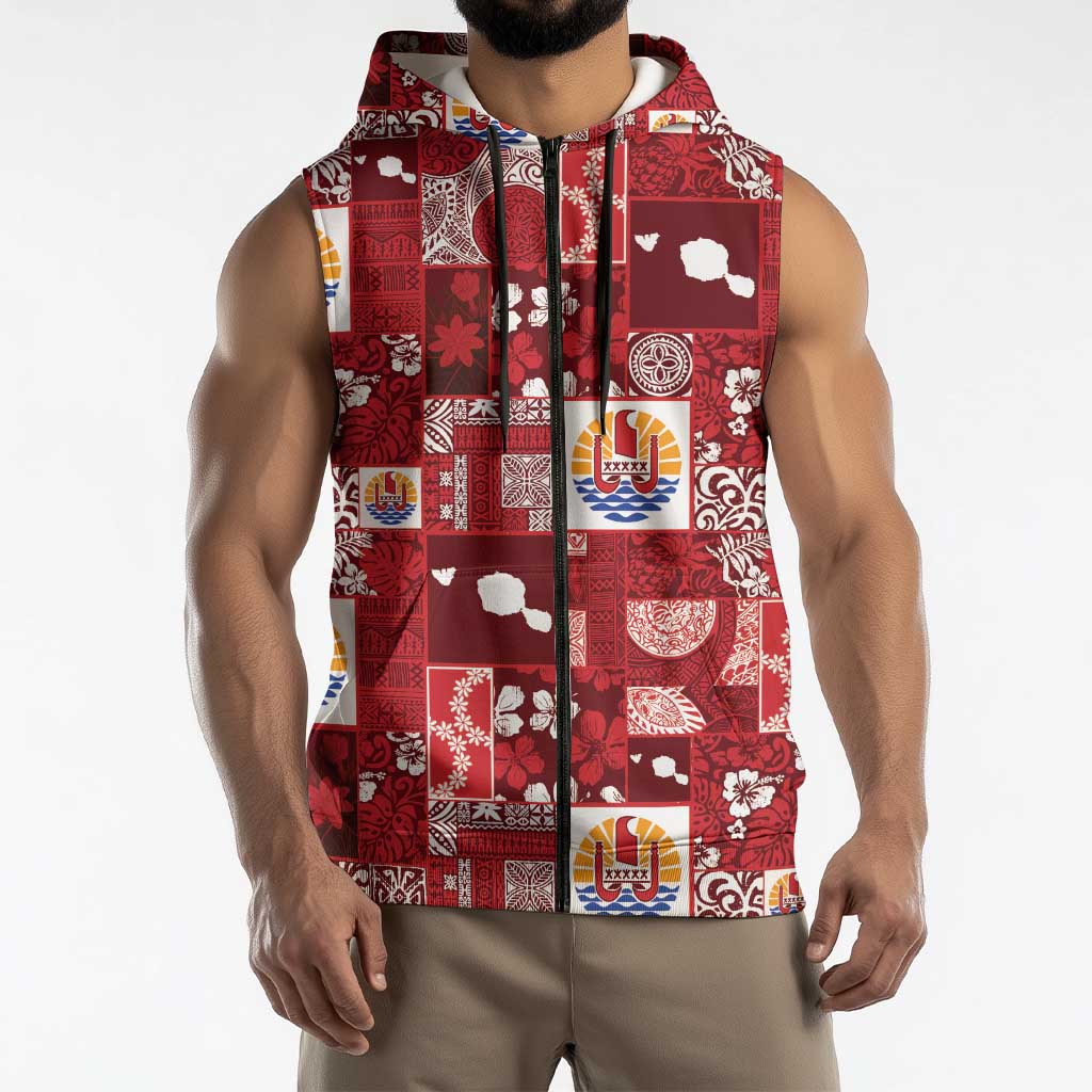 Tahiti Oaoa I Teie Noera Sleeveless Zip Hoodie Pacific Patchwork Xmas Vibes - Polynesian Pride