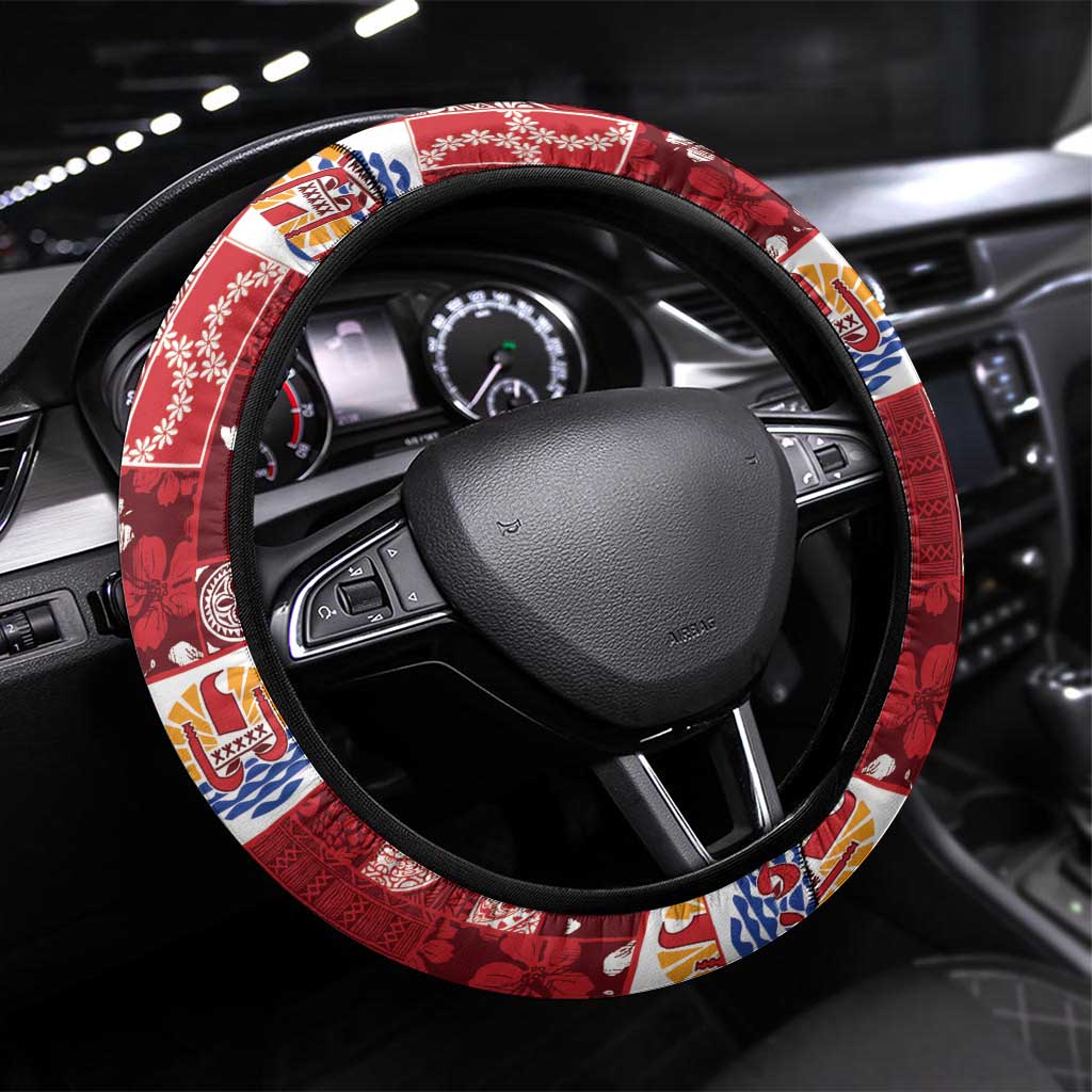Tahiti Oaoa I Teie Noera Steering Wheel Cover Pacific Patchwork Xmas Vibes LT9 Universal Fit Red - Polynesian Pride
