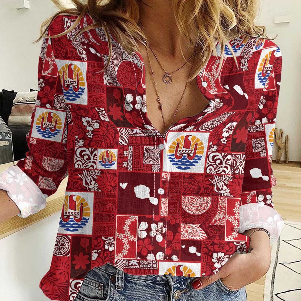 Tahiti Oaoa I Teie Noera Women Casual Shirt Pacific Patchwork Xmas Vibes LT9 Female Red - Polynesian Pride