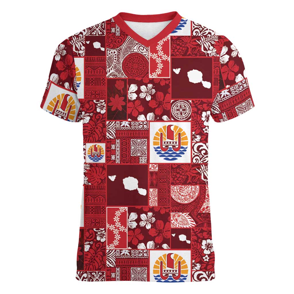 Tahiti Oaoa I Teie Noera Women V-Neck T-Shirt Pacific Patchwork Xmas Vibes - Polynesian Pride