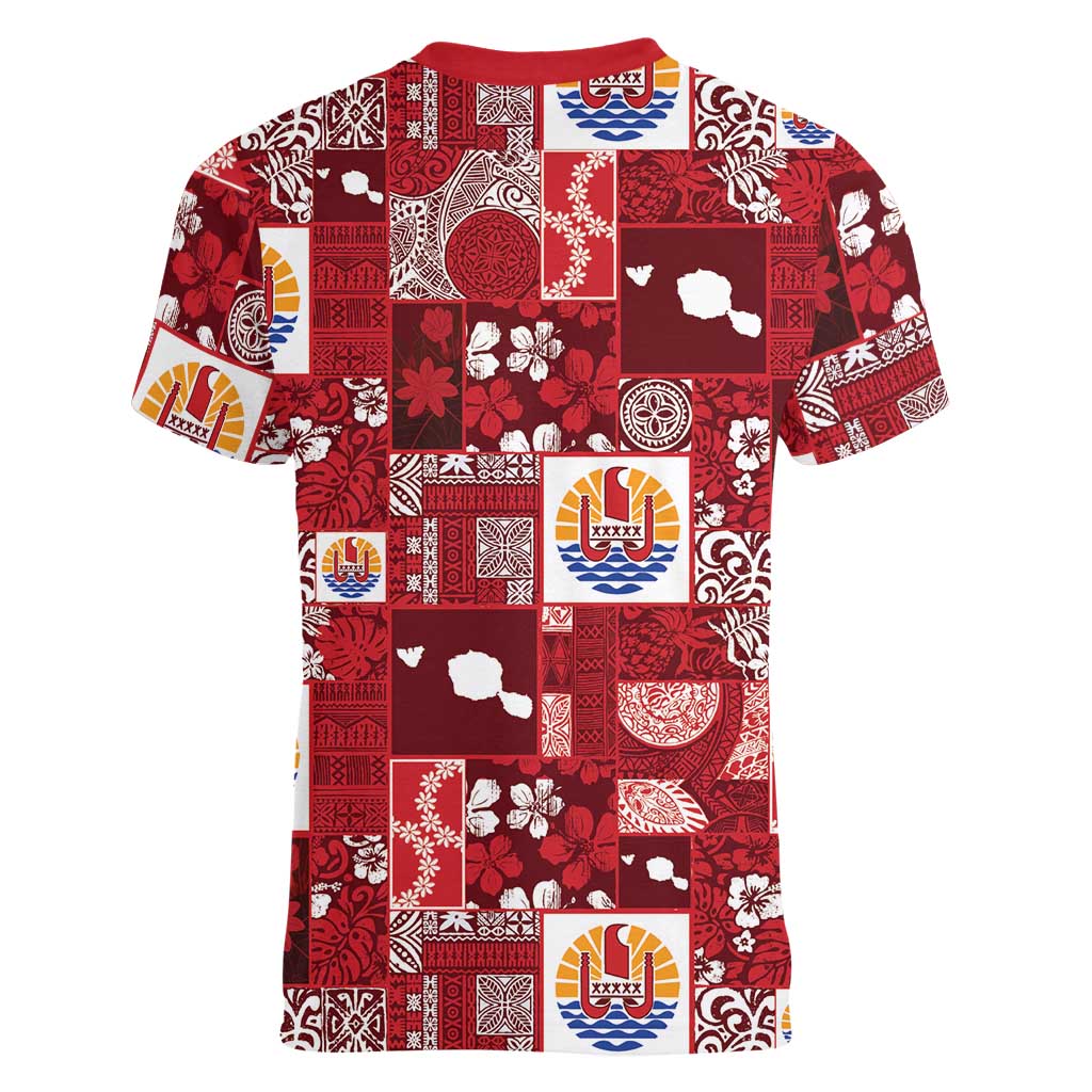 Tahiti Oaoa I Teie Noera Women V-Neck T-Shirt Pacific Patchwork Xmas Vibes - Polynesian Pride