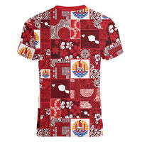 Tahiti Oaoa I Teie Noera Women V-Neck T-Shirt Pacific Patchwork Xmas Vibes - Polynesian Pride