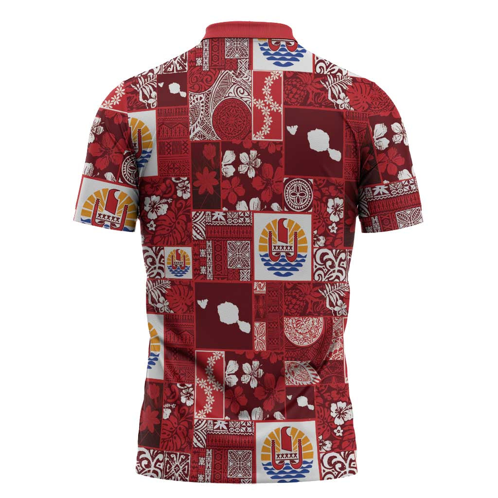 Tahiti Oaoa I Teie Noera Zipper Polo Shirt Pacific Patchwork Xmas Vibes - Polynesian Pride