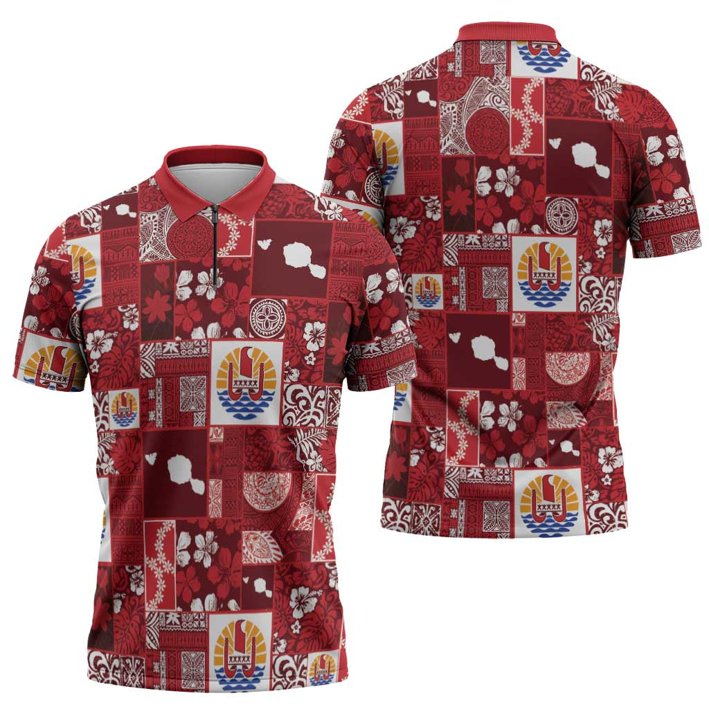 Tahiti Oaoa I Teie Noera Zipper Polo Shirt Pacific Patchwork Xmas Vibes - Polynesian Pride