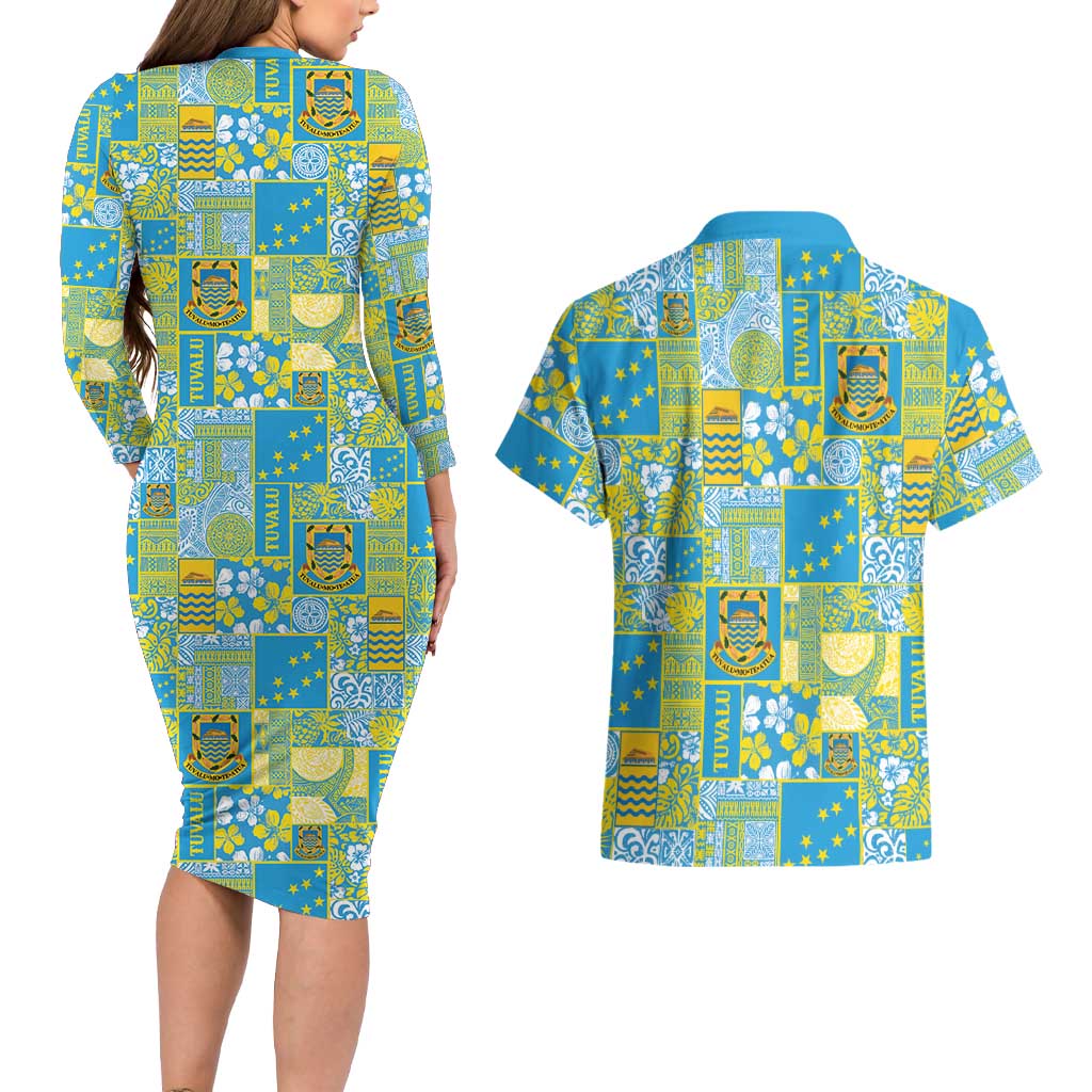 Tuvalu Manuia te Kilisimasi Couples Matching Long Sleeve Bodycon Dress and Hawaiian Shirt Pacific Patchwork Xmas Vibes - Polynesian Pride