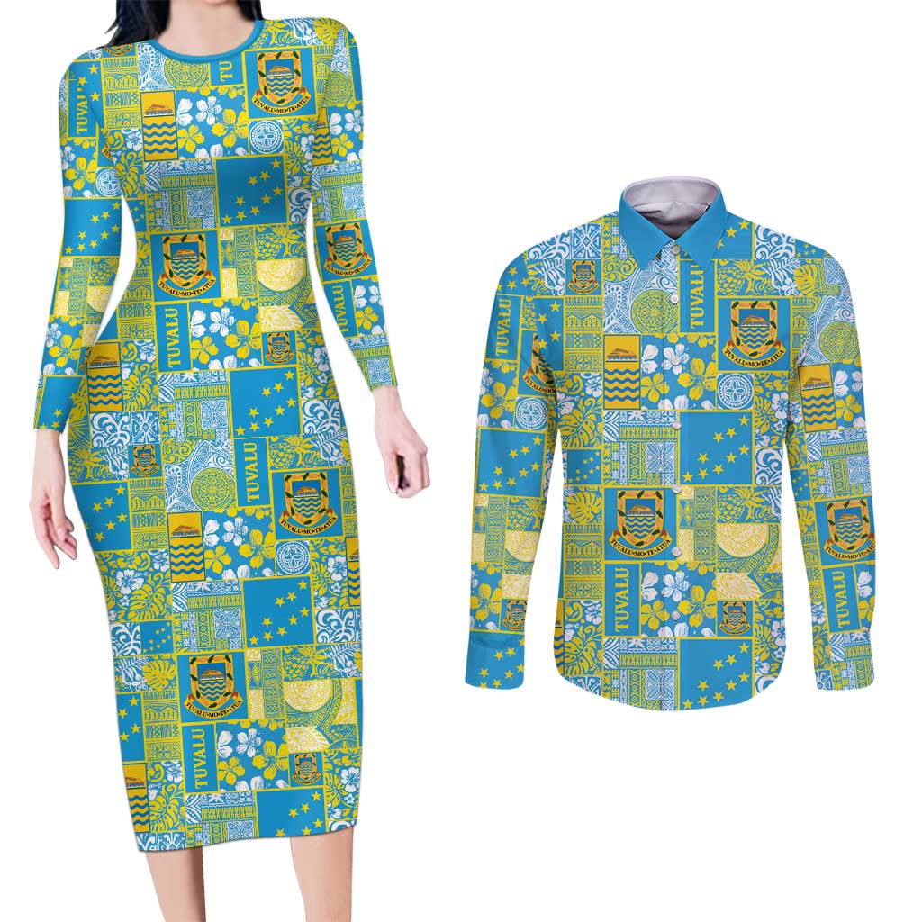Tuvalu Manuia te Kilisimasi Couples Matching Long Sleeve Bodycon Dress and Long Sleeve Button Shirt Pacific Patchwork Xmas Vibes LT9 Green - Polynesian Pride