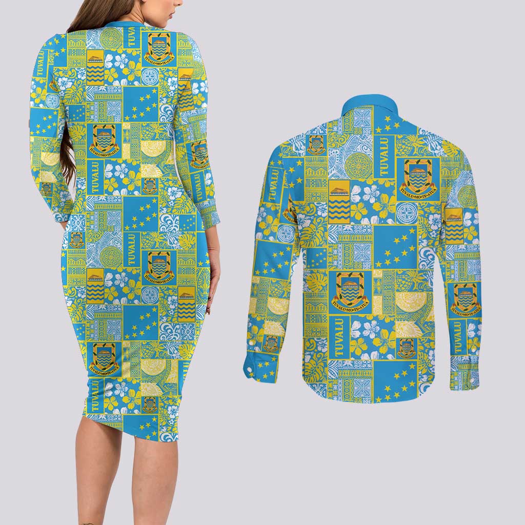 Tuvalu Manuia te Kilisimasi Couples Matching Long Sleeve Bodycon Dress and Long Sleeve Button Shirt Pacific Patchwork Xmas Vibes LT9 - Polynesian Pride