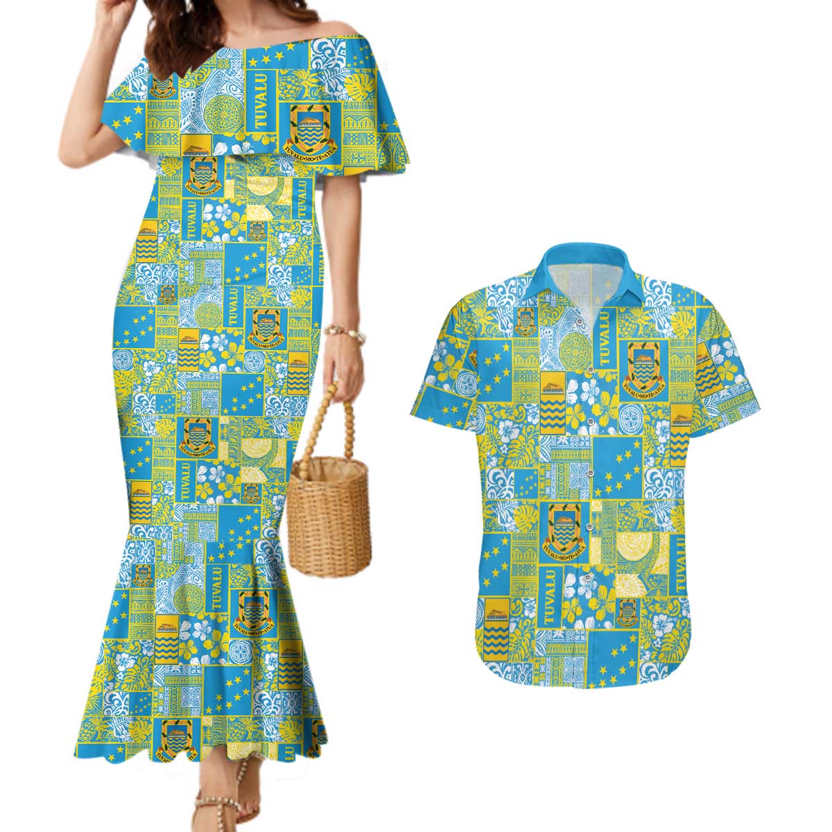 Tuvalu Manuia te Kilisimasi Couples Matching Mermaid Dress and Hawaiian Shirt Pacific Patchwork Xmas Vibes - Polynesian Pride