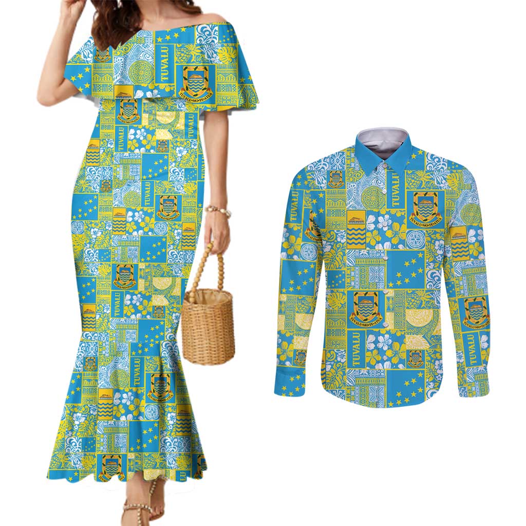 Tuvalu Manuia te Kilisimasi Couples Matching Mermaid Dress and Long Sleeve Button Shirt Pacific Patchwork Xmas Vibes - Polynesian Pride