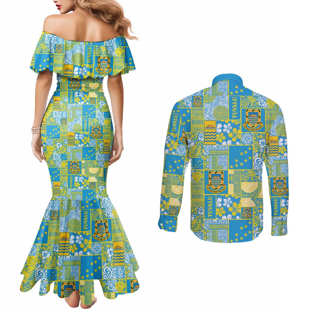Tuvalu Manuia te Kilisimasi Couples Matching Mermaid Dress and Long Sleeve Button Shirt Pacific Patchwork Xmas Vibes - Polynesian Pride