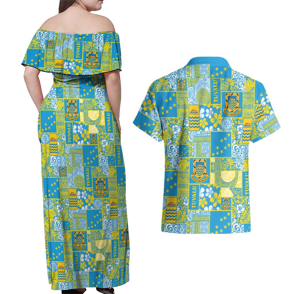 Tuvalu Manuia te Kilisimasi Couples Matching Off Shoulder Maxi Dress and Hawaiian Shirt Pacific Patchwork Xmas Vibes - Polynesian Pride