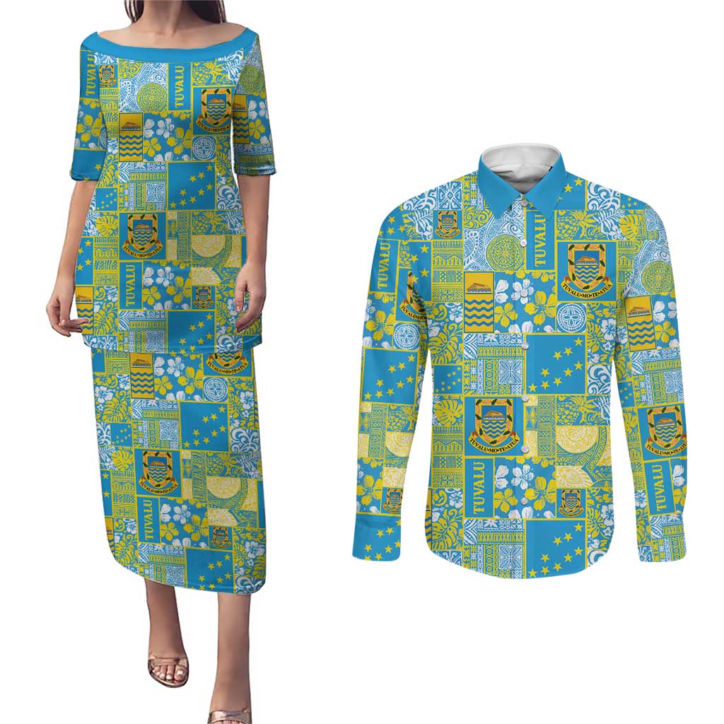 Tuvalu Manuia te Kilisimasi Couples Matching Puletasi and Long Sleeve Button Shirt Pacific Patchwork Xmas Vibes - Polynesian Pride
