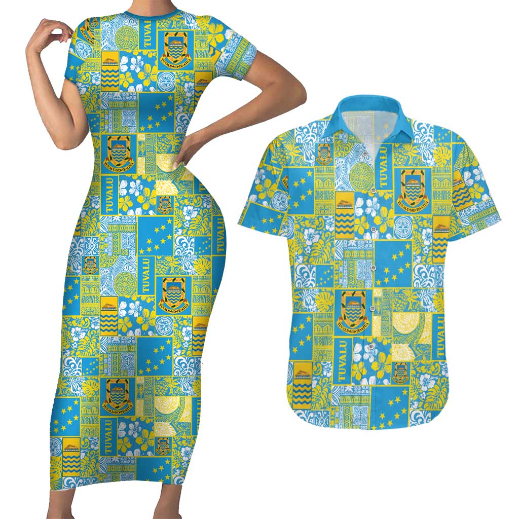 Tuvalu Manuia te Kilisimasi Couples Matching Short Sleeve Bodycon Dress and Hawaiian Shirt Pacific Patchwork Xmas Vibes - Polynesian Pride