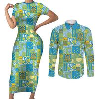 Tuvalu Manuia te Kilisimasi Couples Matching Short Sleeve Bodycon Dress and Long Sleeve Button Shirt Pacific Patchwork Xmas Vibes - Polynesian Pride