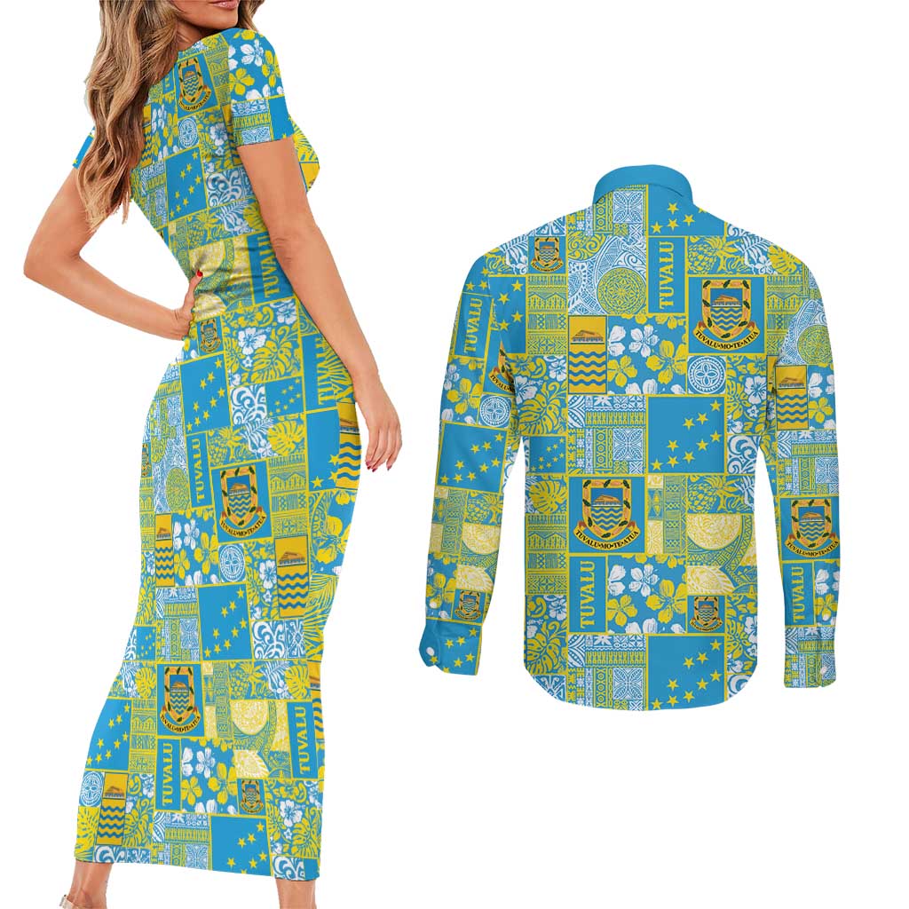 Tuvalu Manuia te Kilisimasi Couples Matching Short Sleeve Bodycon Dress and Long Sleeve Button Shirt Pacific Patchwork Xmas Vibes - Polynesian Pride