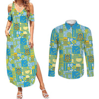 Tuvalu Manuia te Kilisimasi Couples Matching Summer Maxi Dress and Long Sleeve Button Shirt Pacific Patchwork Xmas Vibes - Polynesian Pride