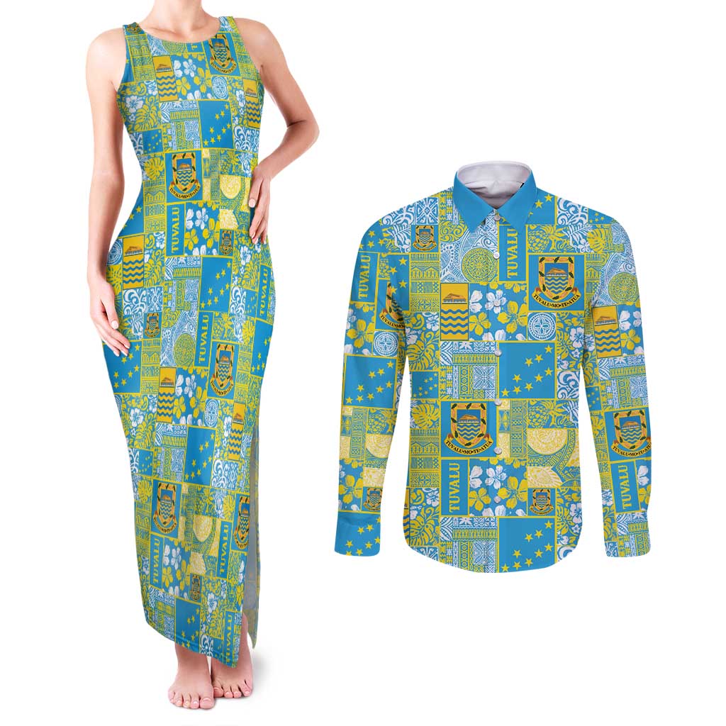 Tuvalu Manuia te Kilisimasi Couples Matching Tank Maxi Dress and Long Sleeve Button Shirt Pacific Patchwork Xmas Vibes - Polynesian Pride
