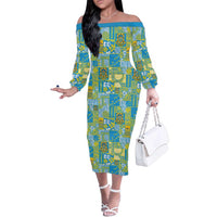 Tuvalu Manuia te Kilisimasi Family Matching Off The Shoulder Long Sleeve Dress and Hawaiian Shirt Pacific Patchwork Xmas Vibes LT9 Mom's Dress Green - Polynesian Pride