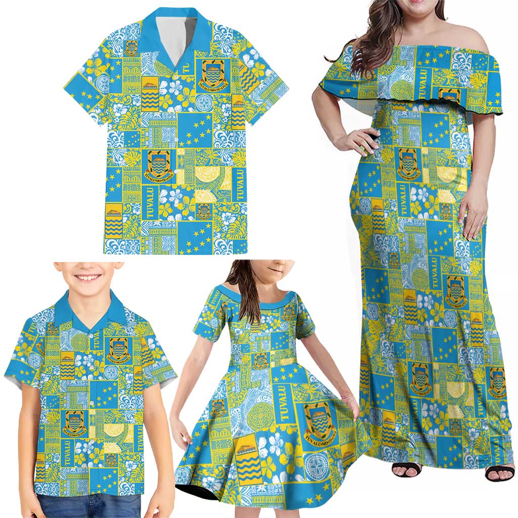 Tuvalu Manuia te Kilisimasi Family Matching Off Shoulder Maxi Dress and Hawaiian Shirt Pacific Patchwork Xmas Vibes - Polynesian Pride