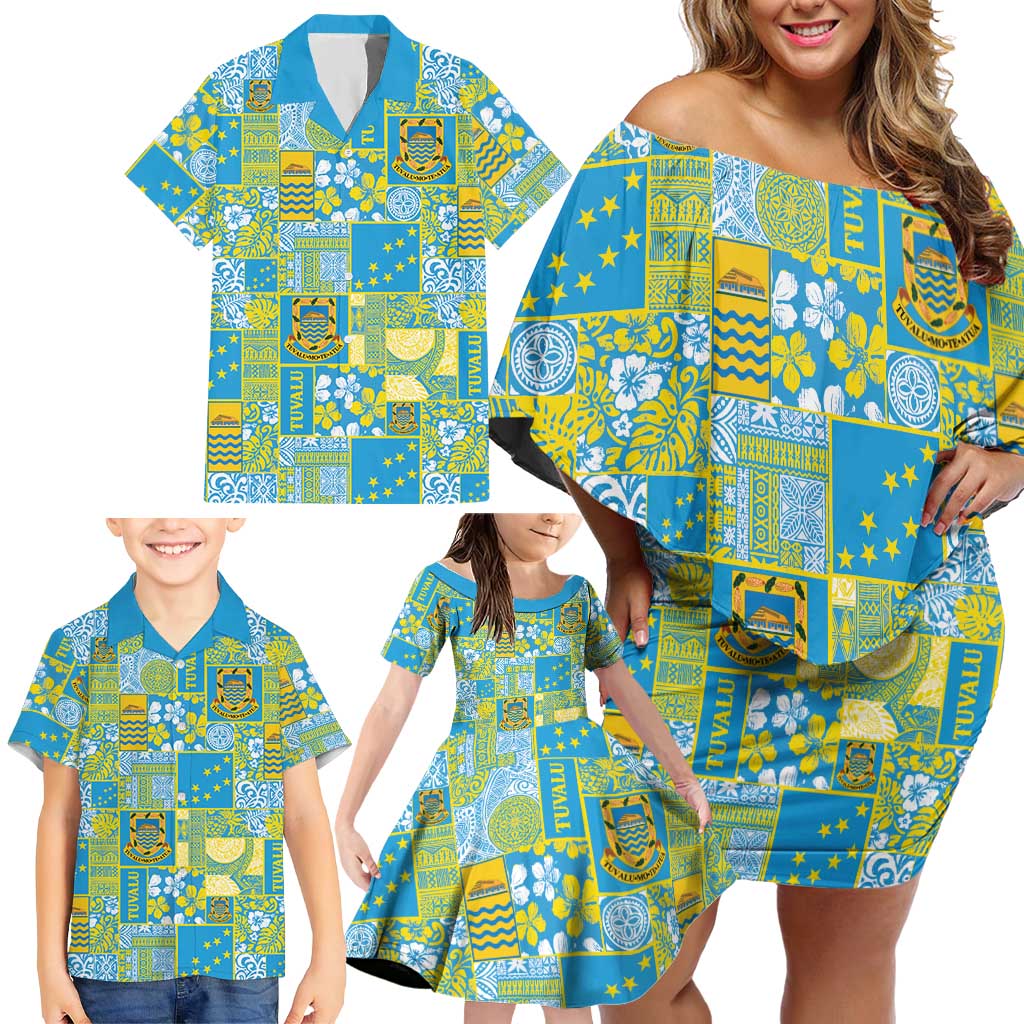 Tuvalu Manuia te Kilisimasi Family Matching Off Shoulder Short Dress and Hawaiian Shirt Pacific Patchwork Xmas Vibes - Polynesian Pride