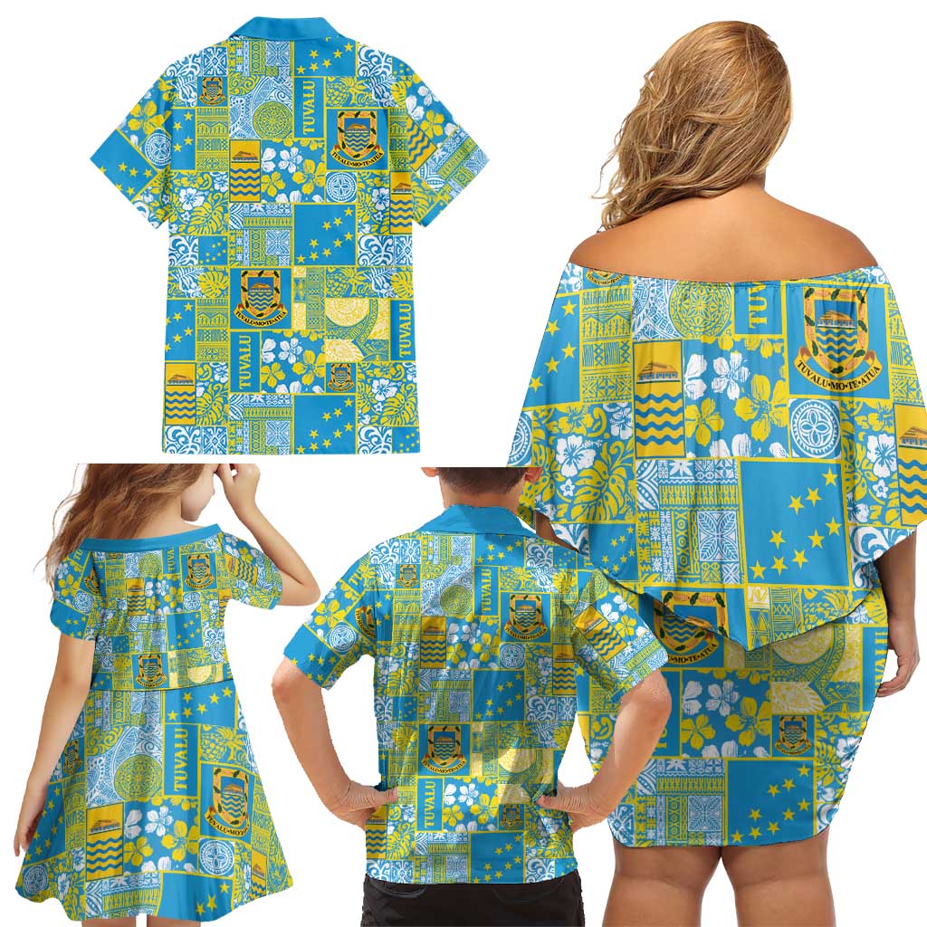 Tuvalu Manuia te Kilisimasi Family Matching Off Shoulder Short Dress and Hawaiian Shirt Pacific Patchwork Xmas Vibes - Polynesian Pride