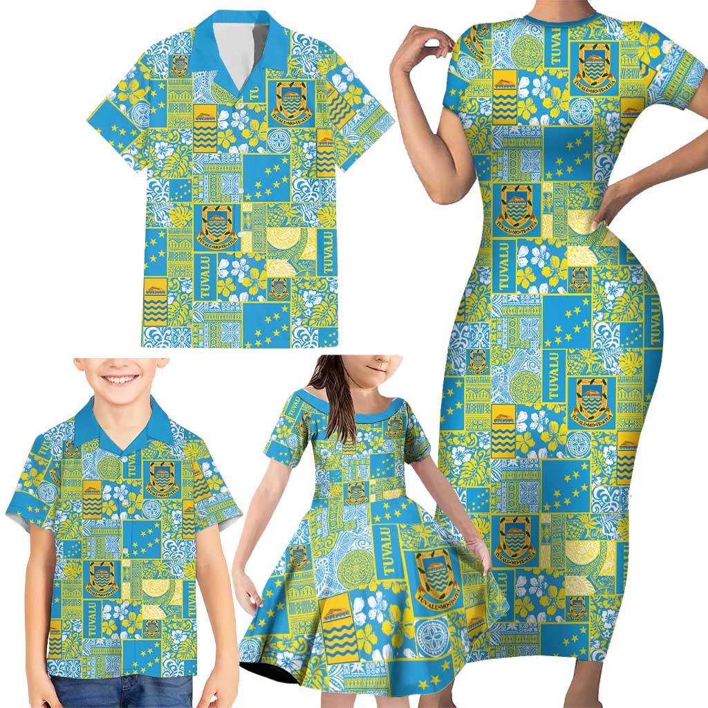 Tuvalu Manuia te Kilisimasi Family Matching Short Sleeve Bodycon Dress and Hawaiian Shirt Pacific Patchwork Xmas Vibes - Polynesian Pride
