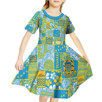 Tuvalu Manuia te Kilisimasi Kid Short Sleeve Dress Pacific Patchwork Xmas Vibes - Polynesian Pride