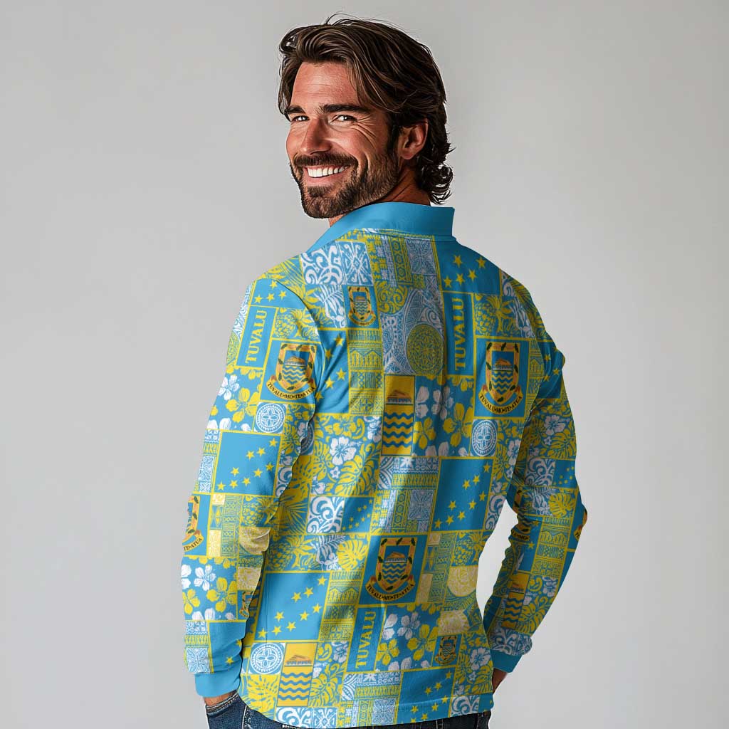 Tuvalu Manuia te Kilisimasi Long Sleeve Polo Shirt Pacific Patchwork Xmas Vibes - Polynesian Pride