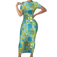 Tuvalu Manuia te Kilisimasi Short Sleeve Bodycon Dress Pacific Patchwork Xmas Vibes - Polynesian Pride