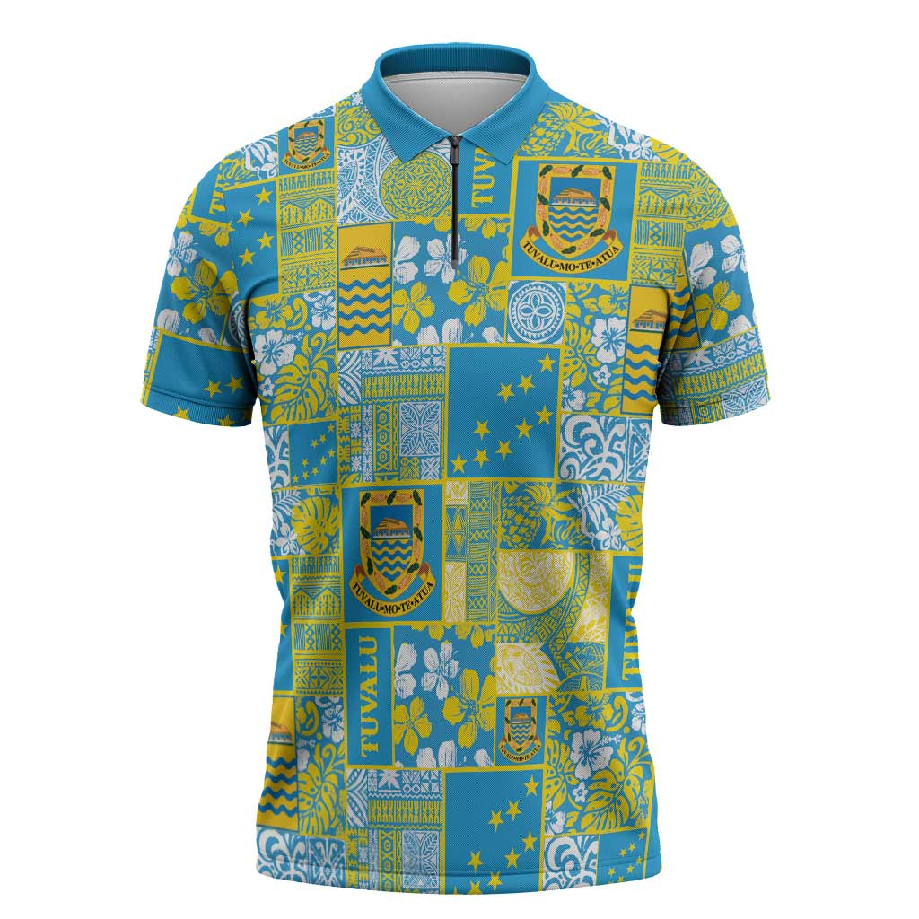 Tuvalu Manuia te Kilisimasi Zipper Polo Shirt Pacific Patchwork Xmas Vibes - Polynesian Pride
