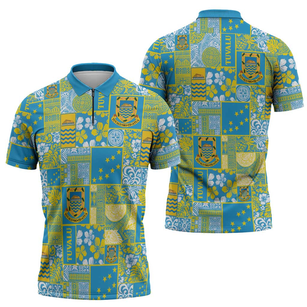 Tuvalu Manuia te Kilisimasi Zipper Polo Shirt Pacific Patchwork Xmas Vibes - Polynesian Pride