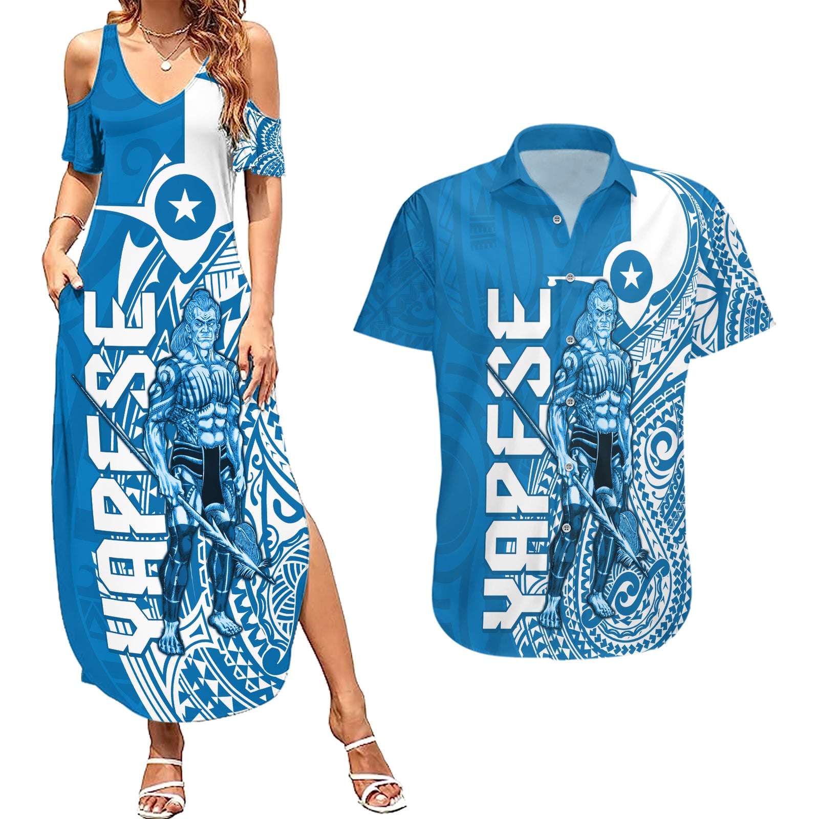 Yap Day 1 March Couples Matching Summer Maxi Dress and Hawaiian Shirt Micronesia Yapese Warrior LT9 Blue - Polynesian Pride