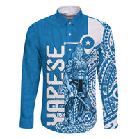Yap Day 1 March Family Matching Off Shoulder Long Sleeve Dress and Hawaiian Shirt Micronesia Yapese Warrior LT9 Dad's Shirt - Long Sleeve Blue - Polynesian Pride