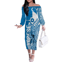 Yap Day 1 March Family Matching Off Shoulder Long Sleeve Dress and Hawaiian Shirt Micronesia Yapese Warrior LT9 Mom's Dress Blue - Polynesian Pride