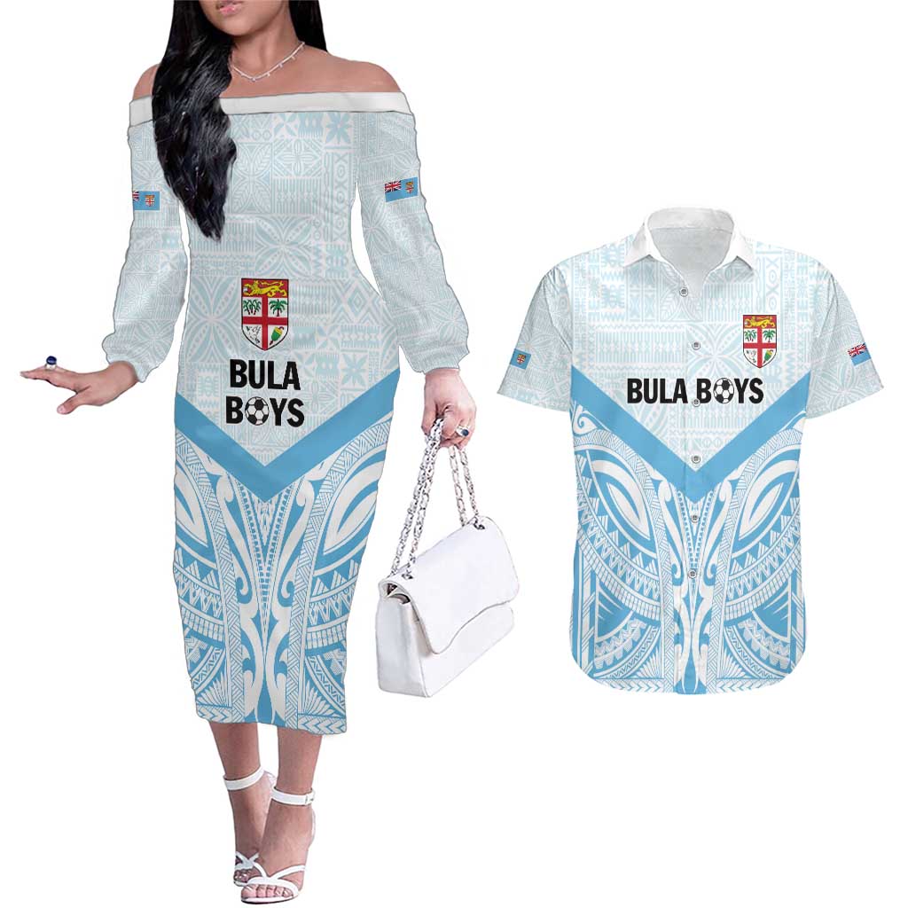 Fiji Football Custom Couples Matching Off The Shoulder Long Sleeve Dress and Hawaiian Shirt Bula Boys Go Champions LT9 Blue - Polynesian Pride