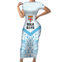 Fiji Football Custom Family Matching Short Sleeve Bodycon Dress and Hawaiian Shirt Bula Boys Go Champions LT9 Mom's Dress Blue - Polynesian Pride