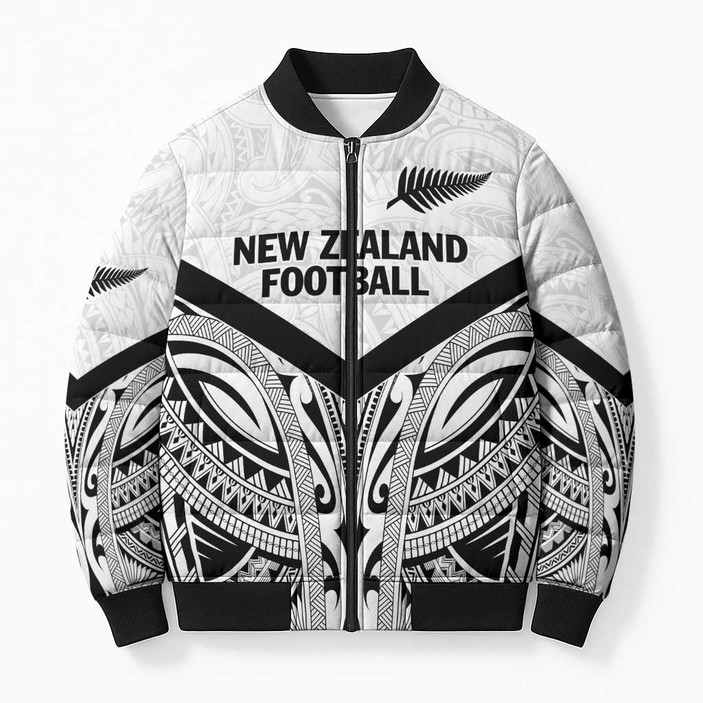 New Zealand Football Custom Bomber Puffer Jacket All White Fern Go Champions - Polynesian Pride