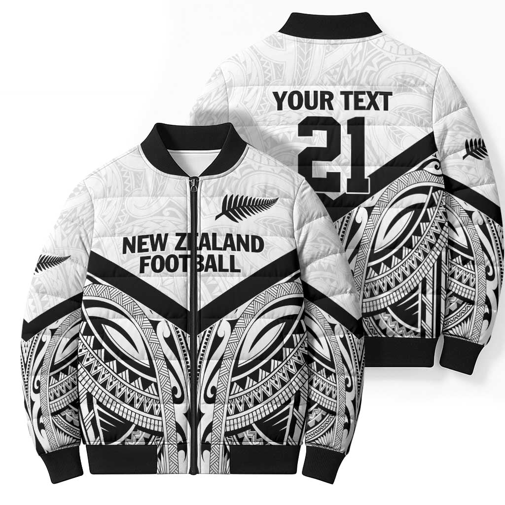 New Zealand Football Custom Bomber Puffer Jacket All White Fern Go Champions - Polynesian Pride