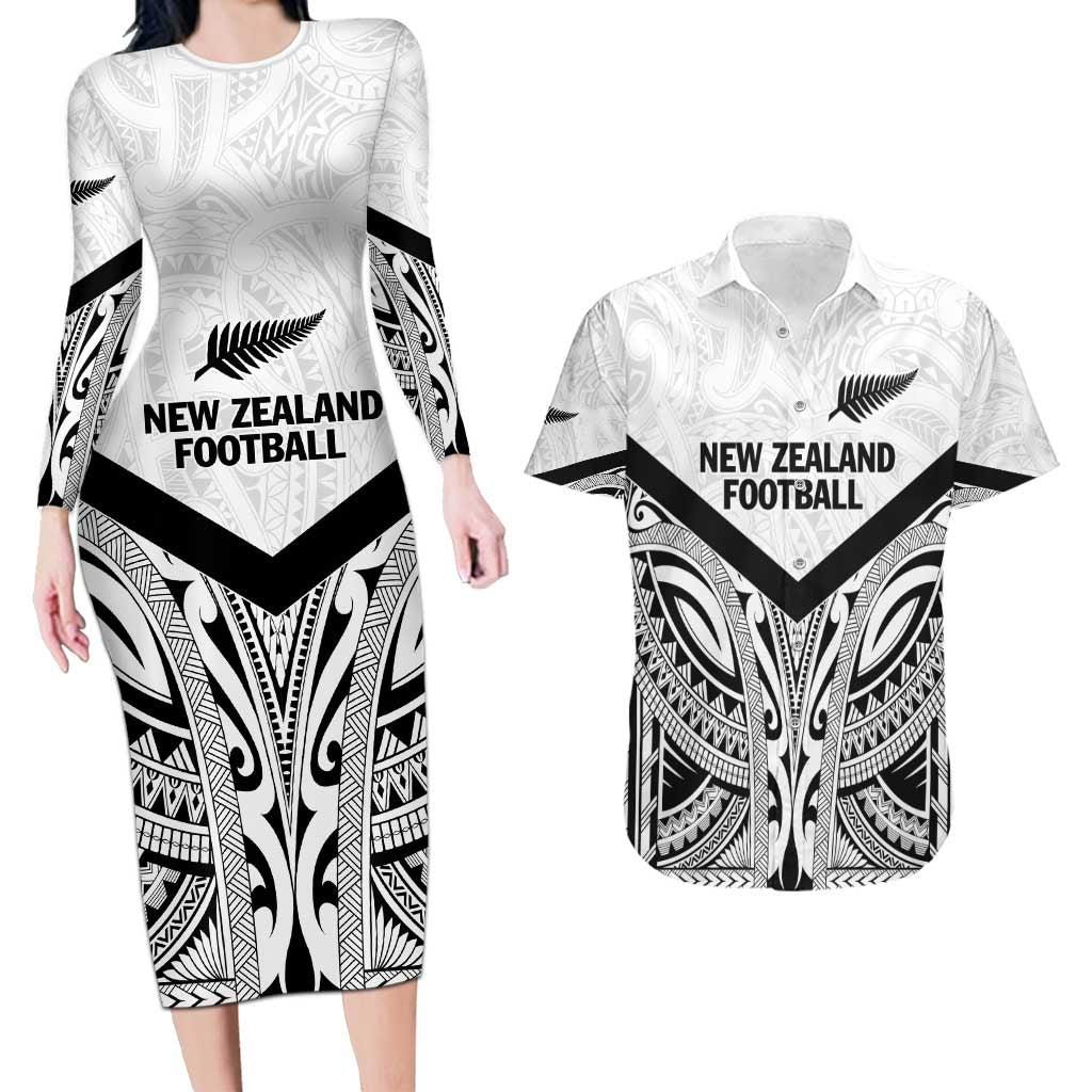 New Zealand Football Custom Couples Matching Long Sleeve Bodycon Dress and Hawaiian Shirt All White Fern Go Champions LT9 White - Polynesian Pride