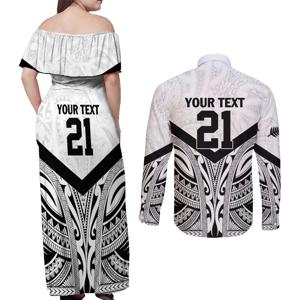 New Zealand Football Custom Couples Matching Off Shoulder Maxi Dress and Long Sleeve Button Shirt All White Fern Go Champions LT9 - Polynesian Pride