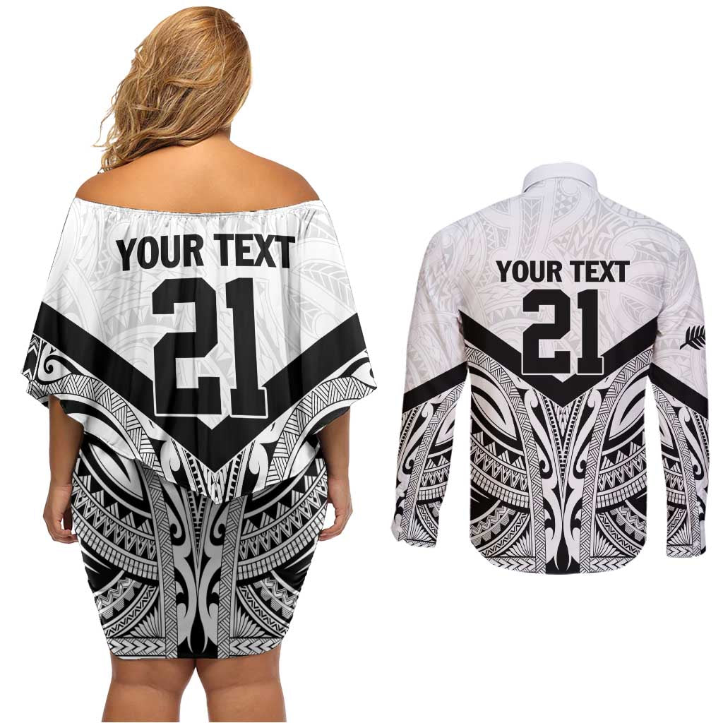 New Zealand Football Custom Couples Matching Off Shoulder Short Dress and Long Sleeve Button Shirt All White Fern Go Champions LT9 - Polynesian Pride