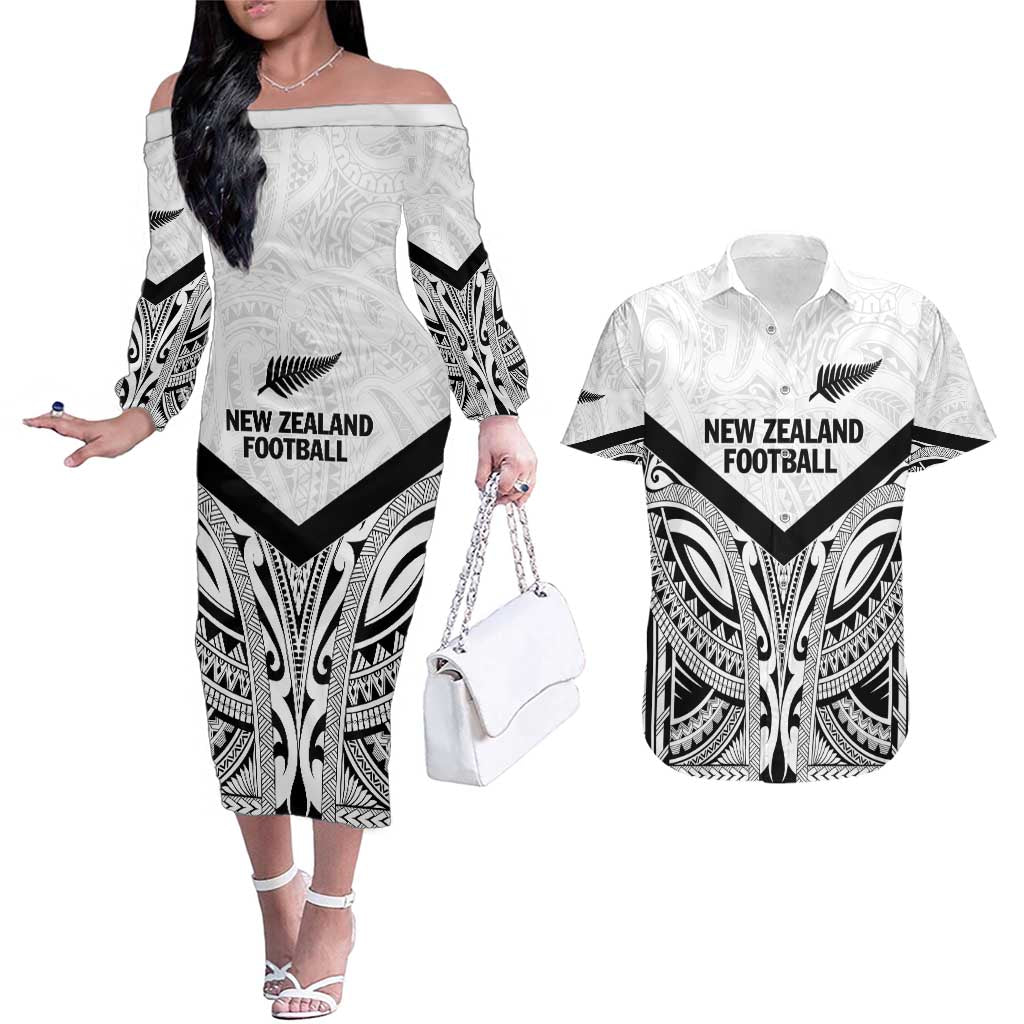 New Zealand Football Custom Couples Matching Off The Shoulder Long Sleeve Dress and Hawaiian Shirt All White Fern Go Champions LT9 White - Polynesian Pride