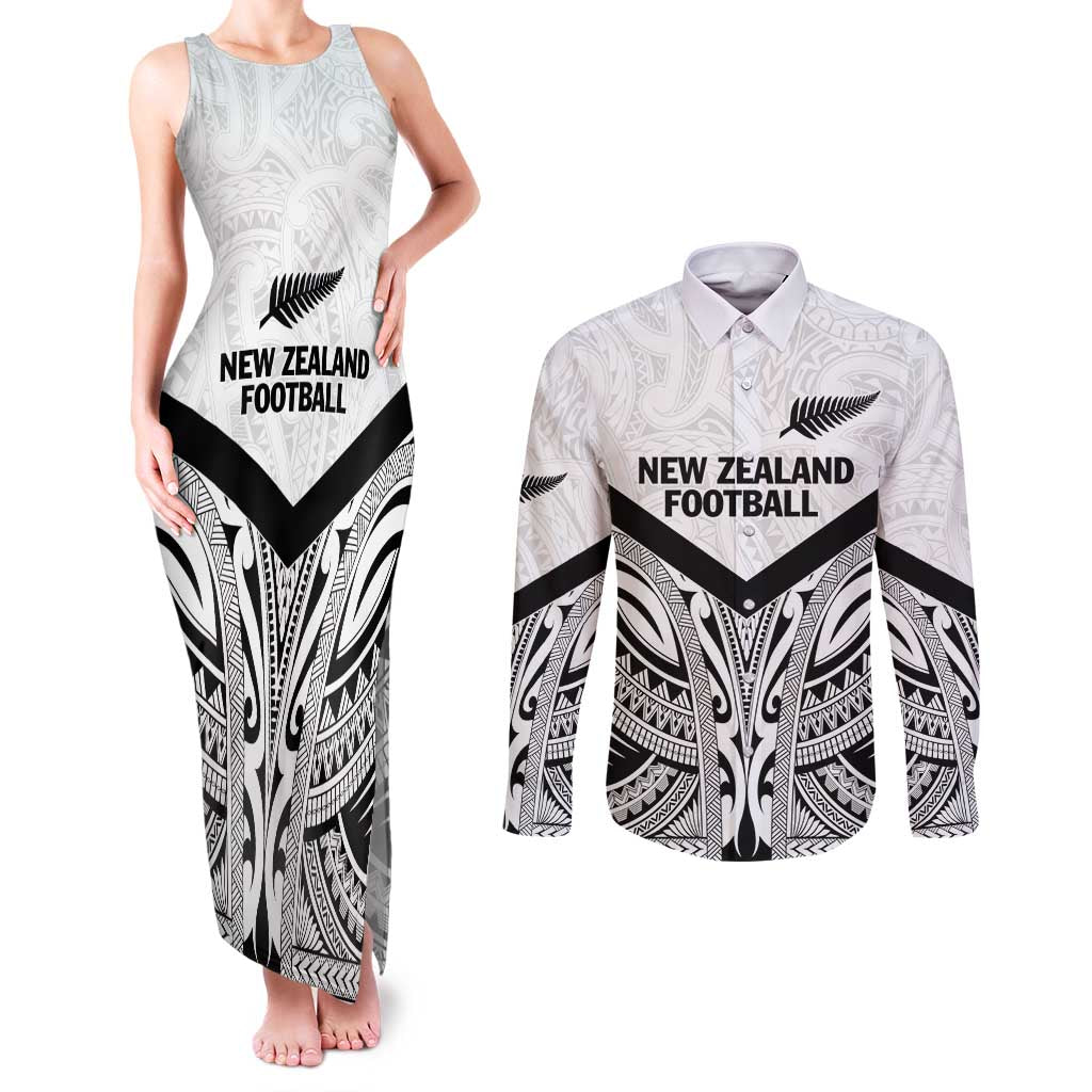 New Zealand Football Custom Couples Matching Tank Maxi Dress and Long Sleeve Button Shirt All White Fern Go Champions LT9 White - Polynesian Pride