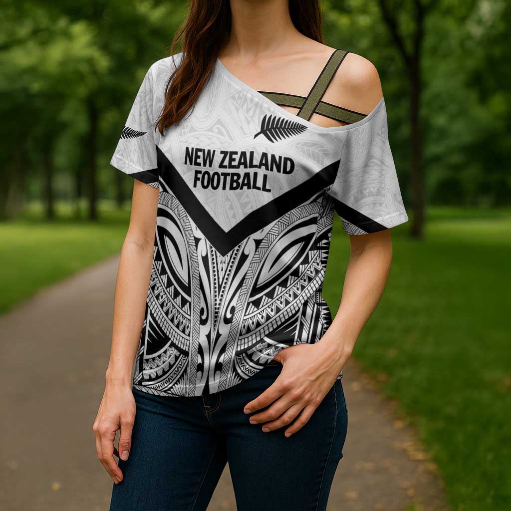 New Zealand Football Custom Cross Shoulder Shirt All White Fern Go Champions LT9 - Polynesian Pride