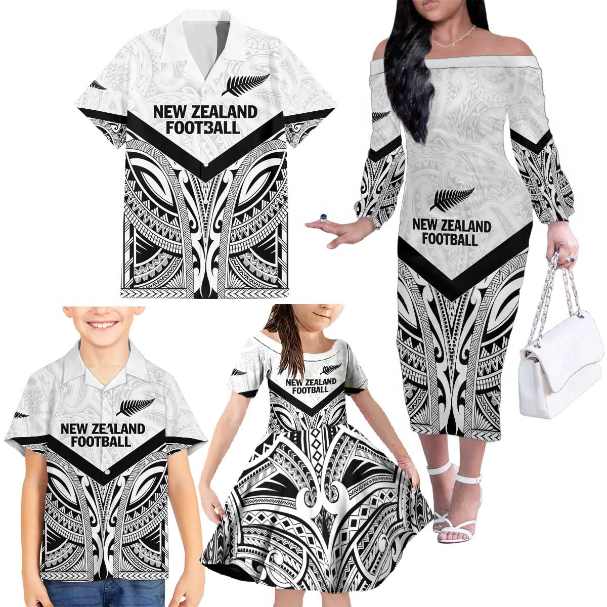 New Zealand Football Custom Family Matching Off The Shoulder Long Sleeve Dress and Hawaiian Shirt All White Fern Go Champions LT9 - Polynesian Pride