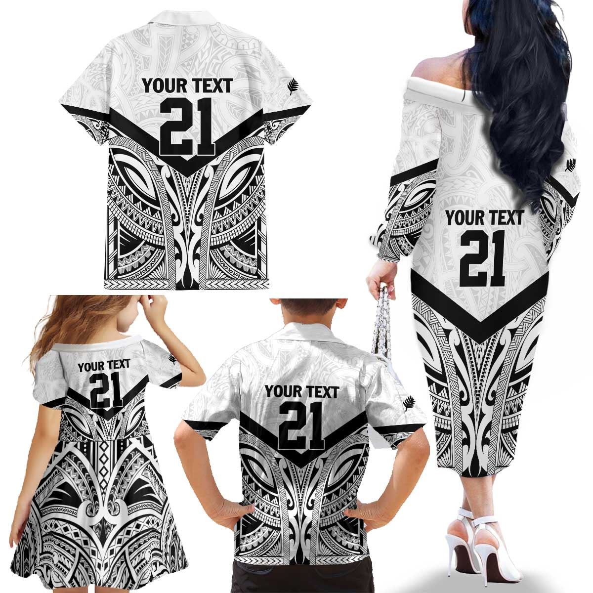 New Zealand Football Custom Family Matching Off The Shoulder Long Sleeve Dress and Hawaiian Shirt All White Fern Go Champions LT9 - Polynesian Pride