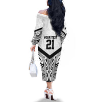 New Zealand Football Custom Family Matching Off The Shoulder Long Sleeve Dress and Hawaiian Shirt All White Fern Go Champions LT9 - Polynesian Pride