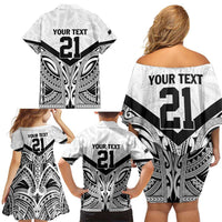 New Zealand Football Custom Family Matching Off Shoulder Short Dress and Hawaiian Shirt All White Fern Go Champions LT9 - Polynesian Pride