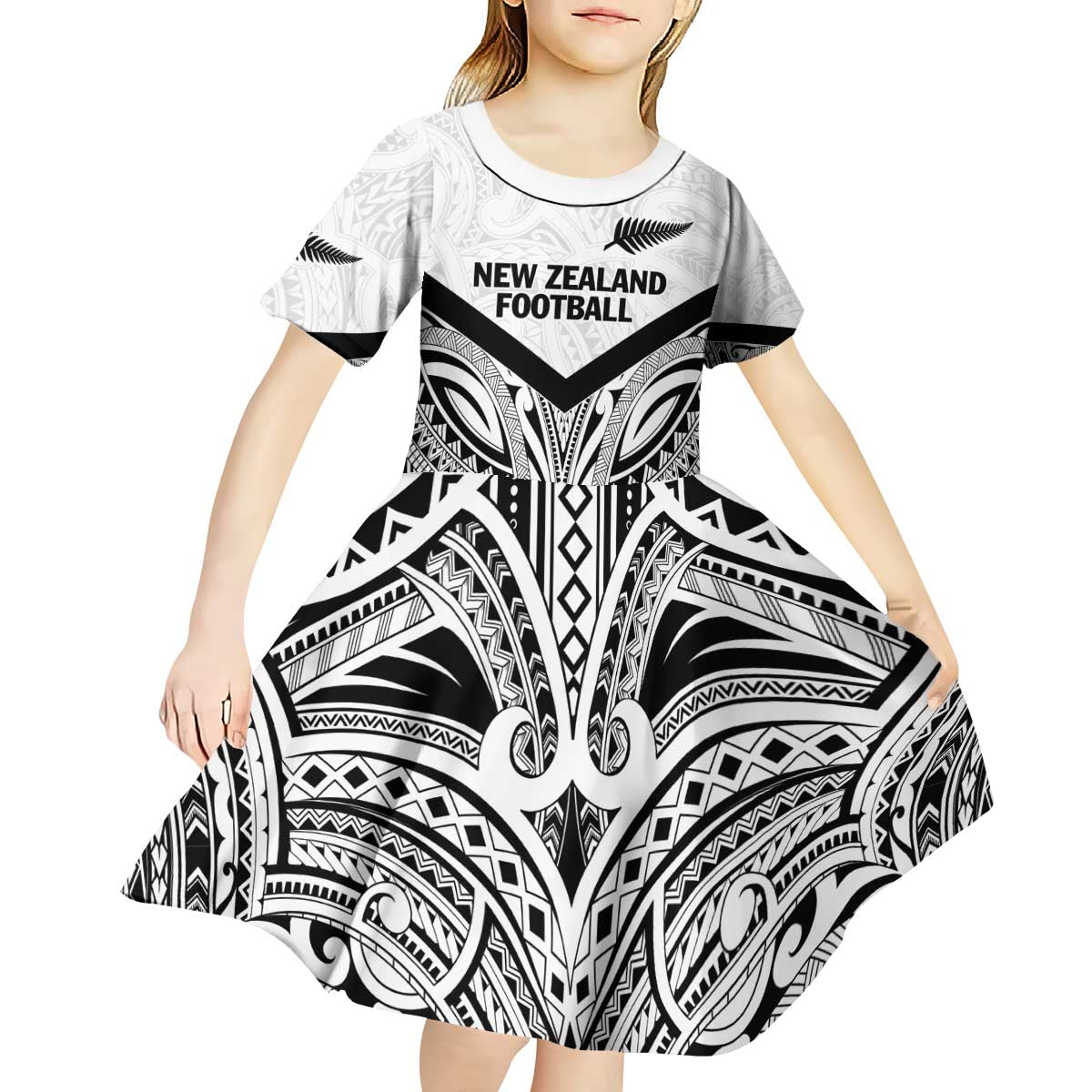 New Zealand Football Custom Kid Short Sleeve Dress All White Fern Go Champions LT9 - Polynesian Pride