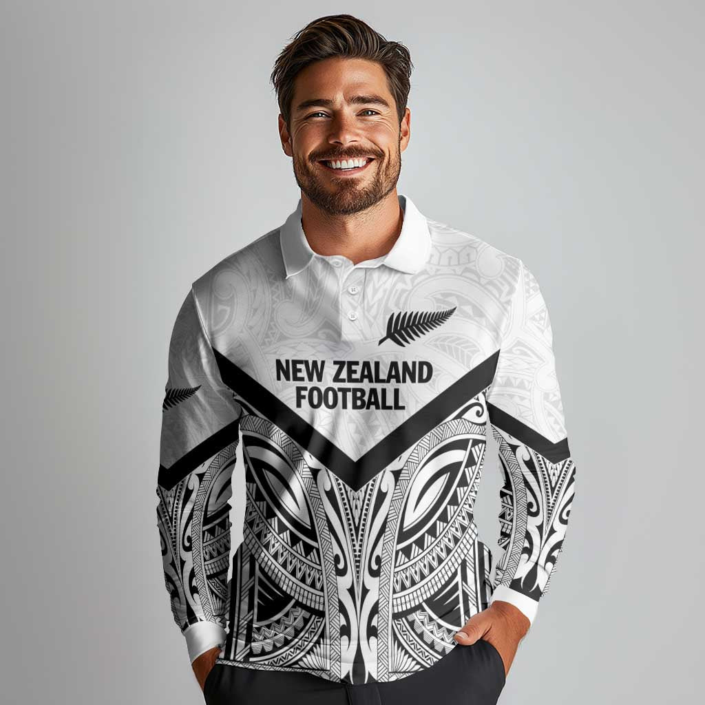New Zealand Football Custom Long Sleeve Polo Shirt All White Fern Go Champions LT9 - Polynesian Pride